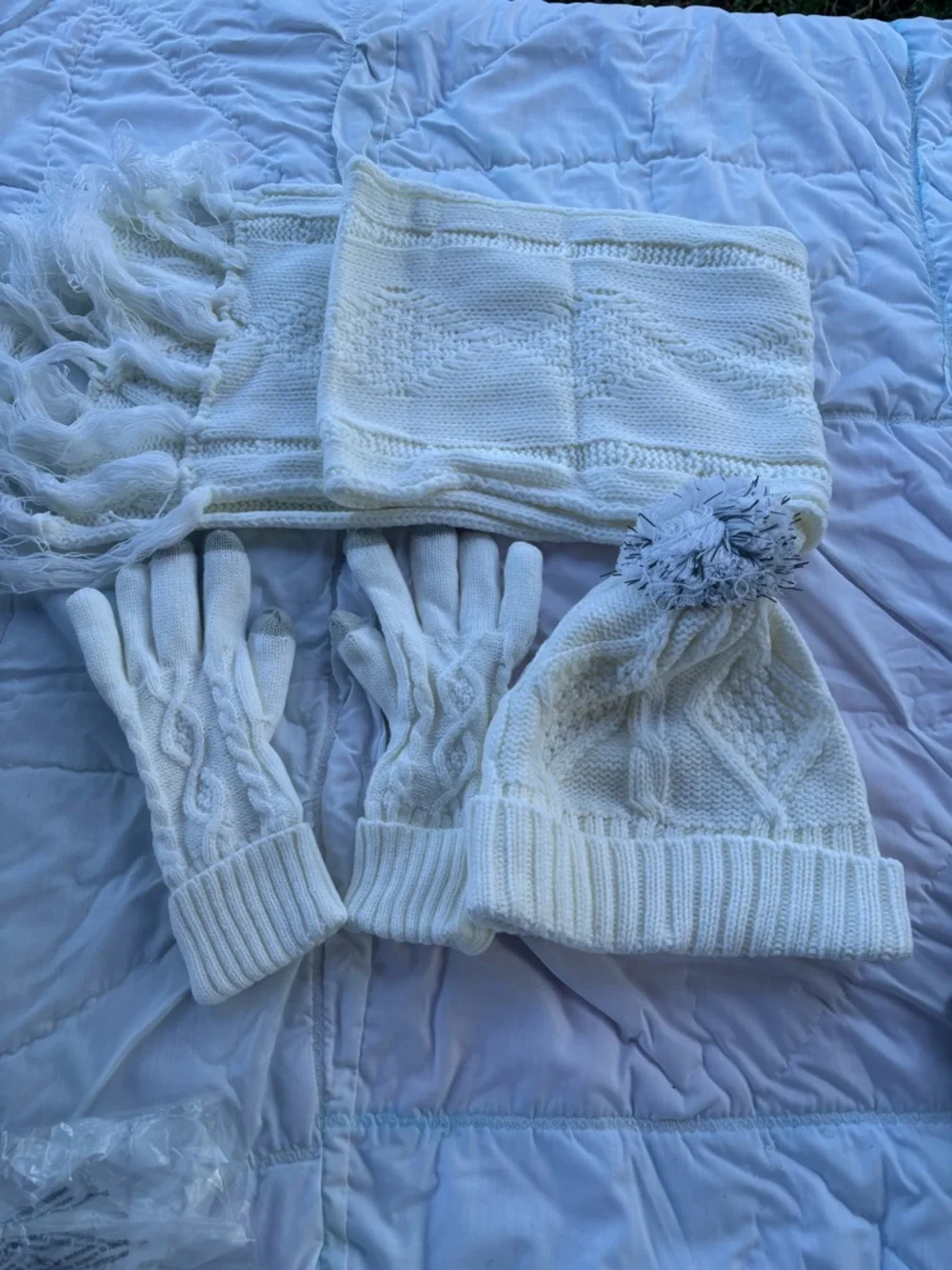 Cozy Ivory Knit Hat, Scarf & Touchscreen Gloves Set